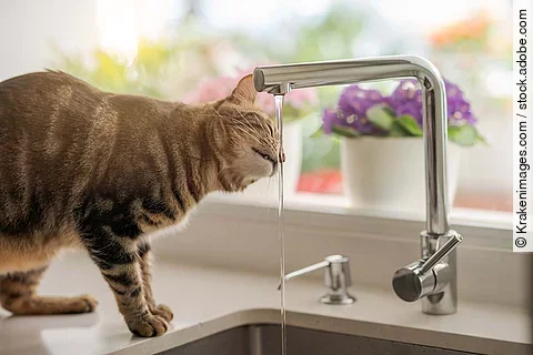 Beautiful short hair cat drinking water from the tap at the kitc