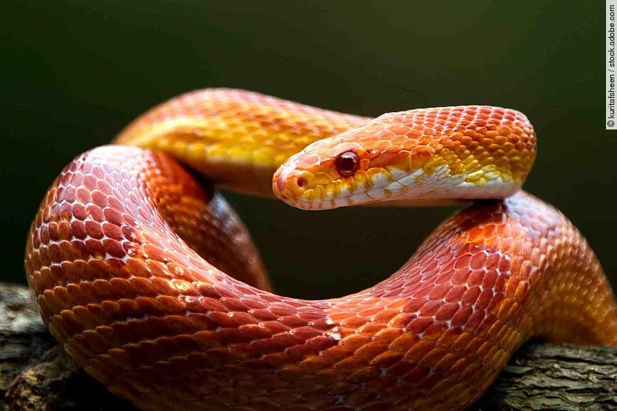 Red corn snake on branch, closeup snake