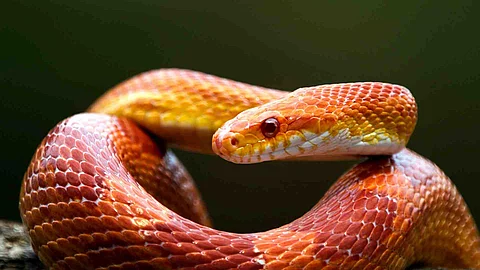 Red corn snake on branch, closeup snake