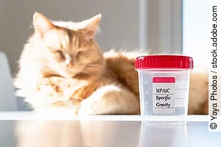 Adorable cat with a collecting urine sample for urinalysis. Urin