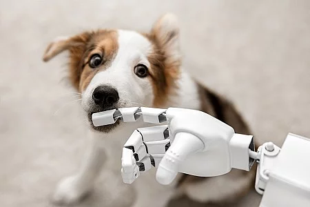 Roboter mit niedlichem Welpen