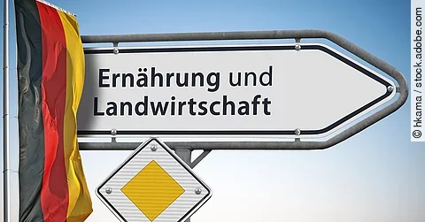 Ein weißes Straßenschild weist den Weg zum Bundesministerium für Ernährung und Landwirtschaft. Daneben hängt eine Deutschlandflagge.