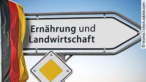 Ein weißes Straßenschild weist den Weg zum Bundesministerium für Ernährung und Landwirtschaft. Daneben hängt eine Deutschlandflagge.