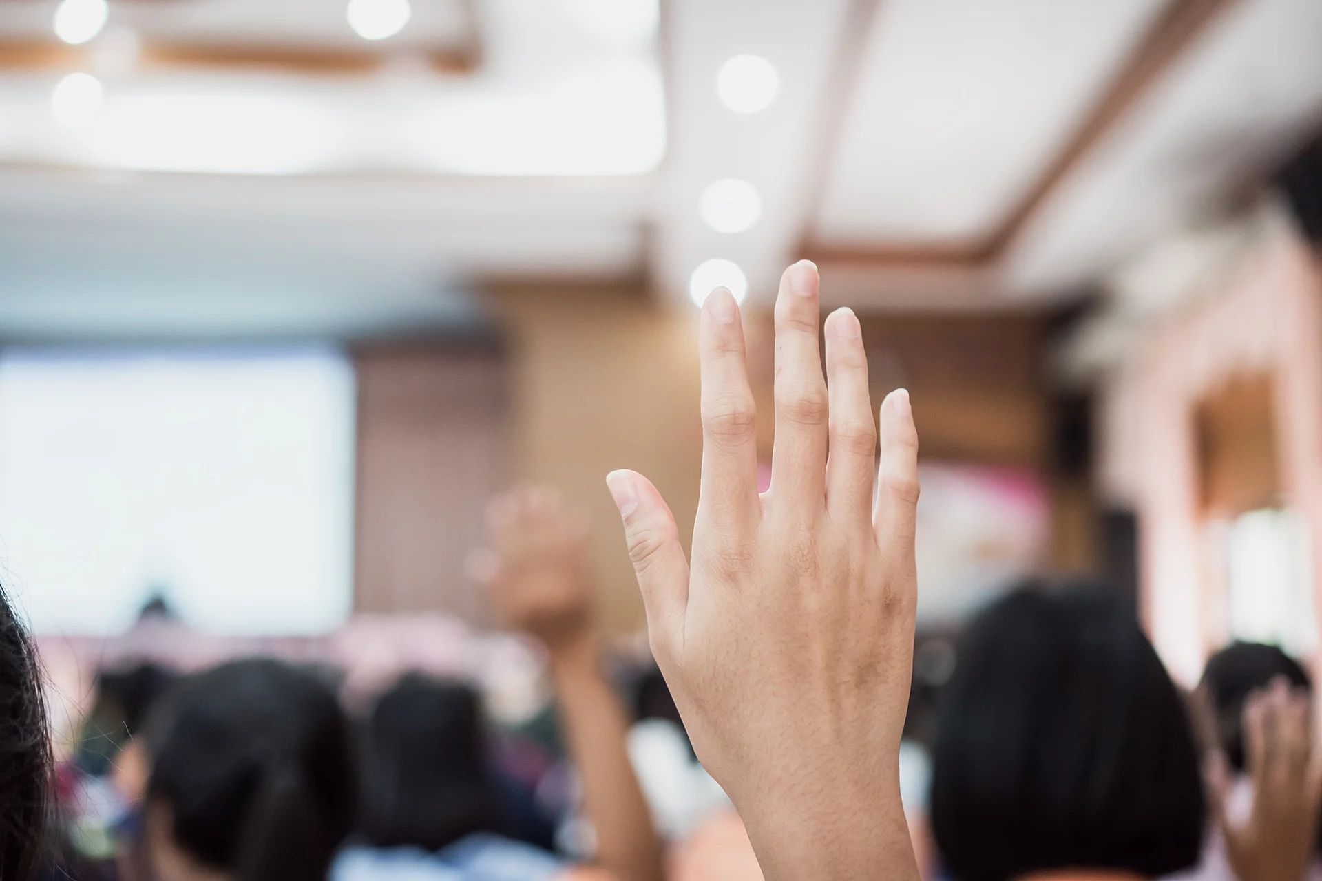 Die gehobene Hand einer Person ist im Fokus des Bildes. Im Hintergrund sieht man verschwommen einige Menschen auf Stühlen sitzend in einem Konferenzraum. Außerdem ist eine Präsentation auf einer großen Wand projiziert, in diese Richtung schauen die Teilnehmer*innen.