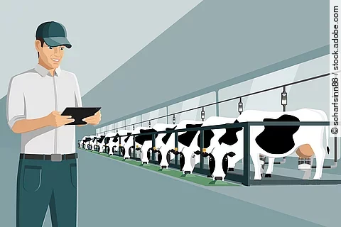 Eine Grafik eines Milchviehbetriebs zeigt Milchkühe in einer Reihe und einen Landwirt im Vordergrund, der auf ein Tablet schaut.