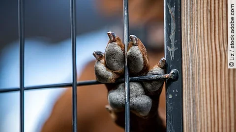 Ein Hund im Tierheim stellt seine Pfote gegen das Gitter seines Tierheim-Zwingers.