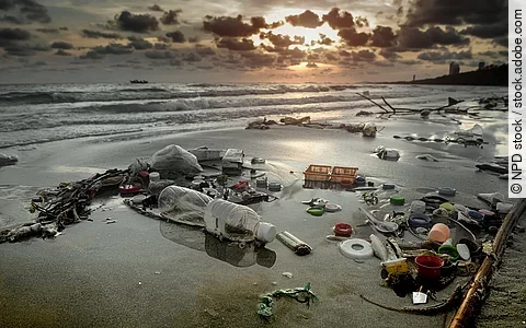 Dirty beach environment from plastic garbage.