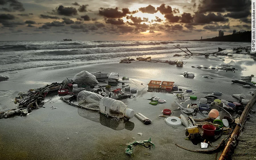 Dirty beach environment from plastic garbage.