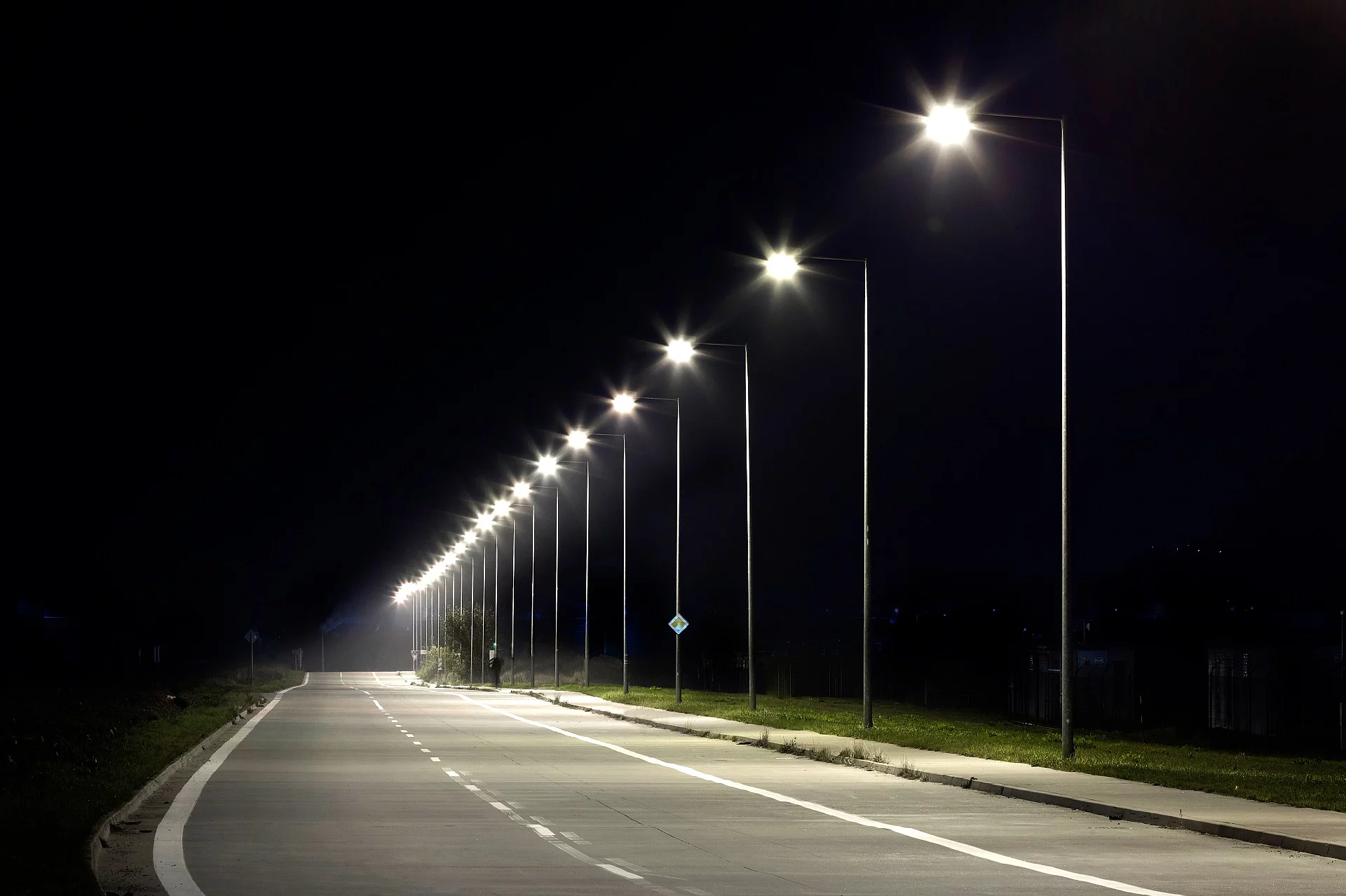 night empty road with modern LED street lights
