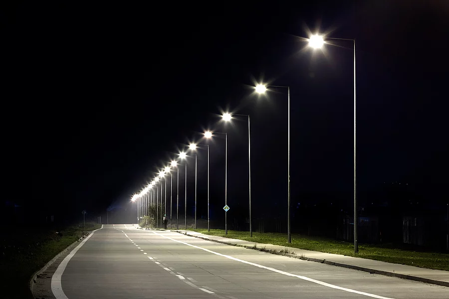 night empty road with modern LED street lights