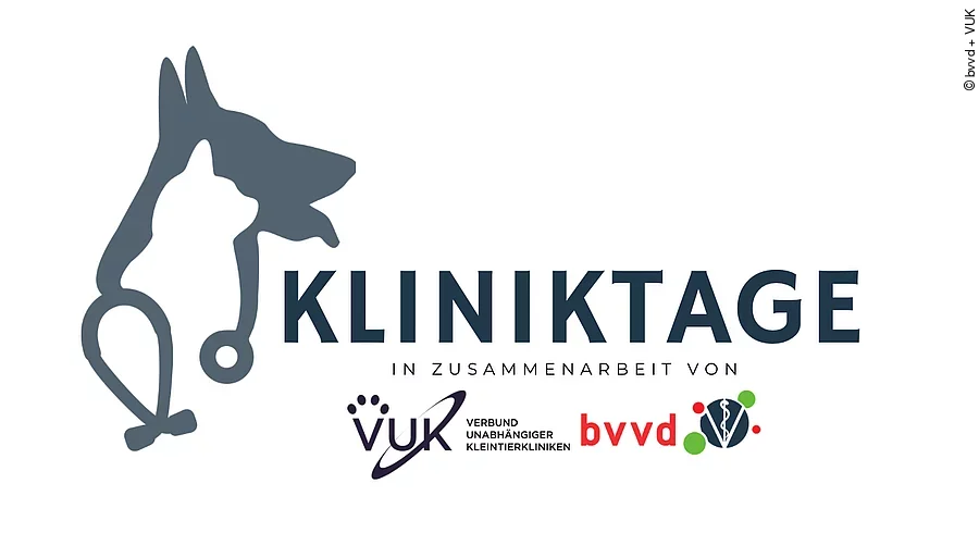 Logo der Kliniktage. Auf weißem Hintergrund steht in der Mitte "Kliniktage" geschrieben. Links davon sind ein Hund, eine Katze und ein Stethoskop übereinander abgebildet. Darunter ist das Logo des VUK und bvvd.