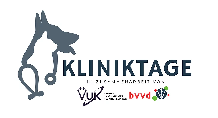 Logo der Kliniktage. Auf weißem Hintergrund steht in der Mitte "Kliniktage" geschrieben. Links davon sind ein Hund, eine Katze und ein Stethoskop übereinander abgebildet. Darunter ist das Logo des VUK und bvvd.  