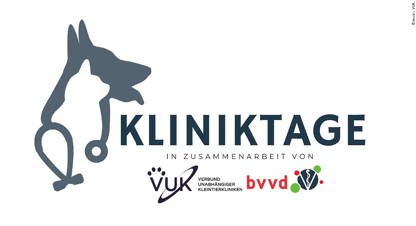Logo der Kliniktage. Auf weißem Hintergrund steht in der Mitte "Kliniktage" geschrieben. Links davon sind ein Hund, eine Katze und ein Stethoskop übereinander abgebildet. Darunter ist das Logo des VUK und bvvd.  