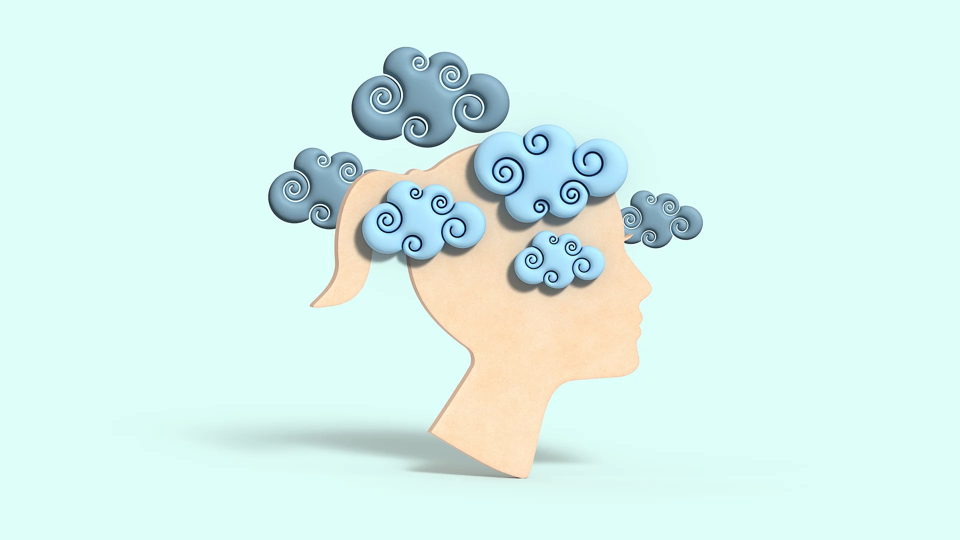 Eine Grafik zeigt auf einem türkisen Hintergrund einen beigen Frauenkopf in der Seitenperspektive mit Pferdeschwanz. Um den Kopf sind ganz viele dunkle Wolken, die eine psychische Belastung andeuten sollen.