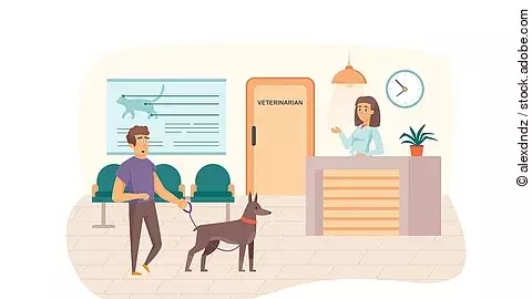 Veterinary clinic scene. Man with dog visits vet, waiting for do