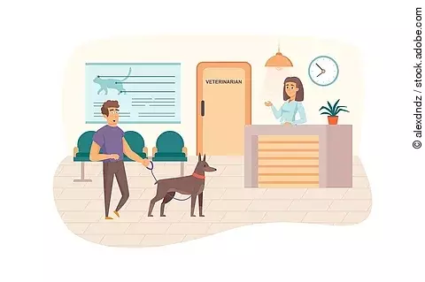 Veterinary clinic scene. Man with dog visits vet, waiting for do