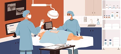 Vektorzeichnung von Tierärzt*innen die eine Operation in einer Tierklinik durchführen. Ein Hund mit braunem Fell liegt unter Narkose auf einer Liege, während der Chirurg und sein Assistent einen in einer modernen Tierklinik operieren. Die Personen tragen blaue Kleidung, weiße Handschuhe und Masken.