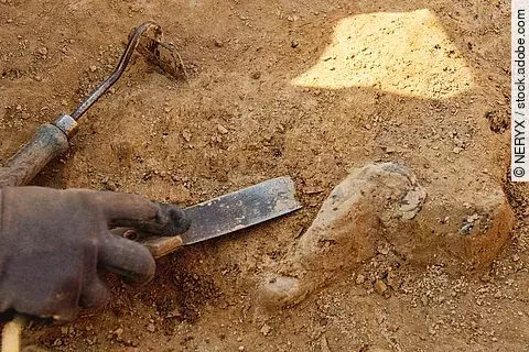 Ein*e Archäolog*in arbeitet mit Handwerkezeugen auf dem Boden. 