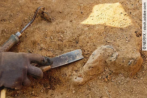 Ein*e Archäolog*in arbeitet mit Handwerkezeugen auf dem Boden. 
