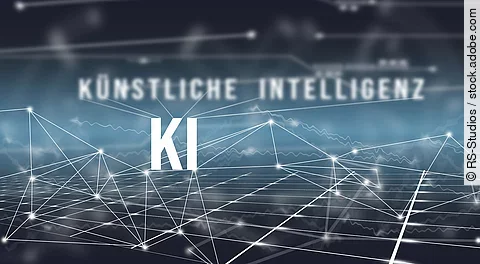 Auf blauem Hintergrund mit Vernetzungen steht "KÜNSTLICHE INTELLIGENZ" geschrieben.
