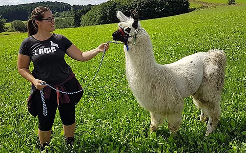Anja Kaindl steht auf einer grünen Wiese und hält ein weißes Alpaka mit Halfter und Strick.