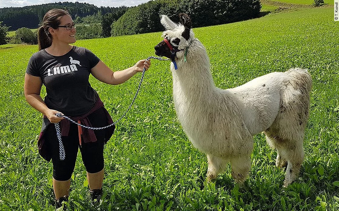 Anja Kaindl steht auf einer grünen Wiese und hält ein weißes Alpaka mit Halfter und Strick.