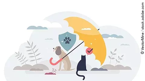 Tierversicherung und finanzielle Absicherung für die Tiergesundheit – Konzept mit kleiner Person, transparenter Hintergrund. Illustration der Sicherheitsdeckung für medizinische Kosten von Katzen und Hunden im Falle von Tierarztkosten.