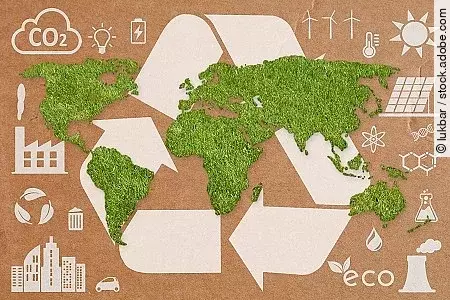 Green grass World Map , white recycling symbol and ecology icons
