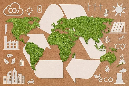 Green grass World Map , white recycling symbol and ecology icons