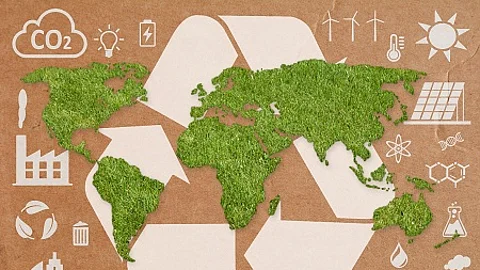 Green grass World Map , white recycling symbol and ecology icons