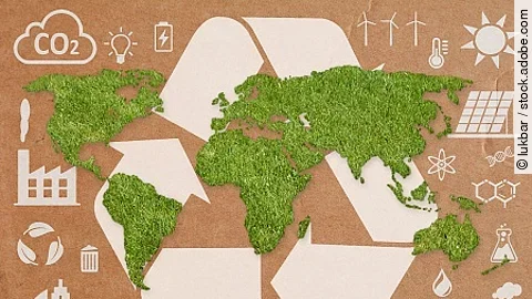 Green grass World Map , white recycling symbol and ecology icons
