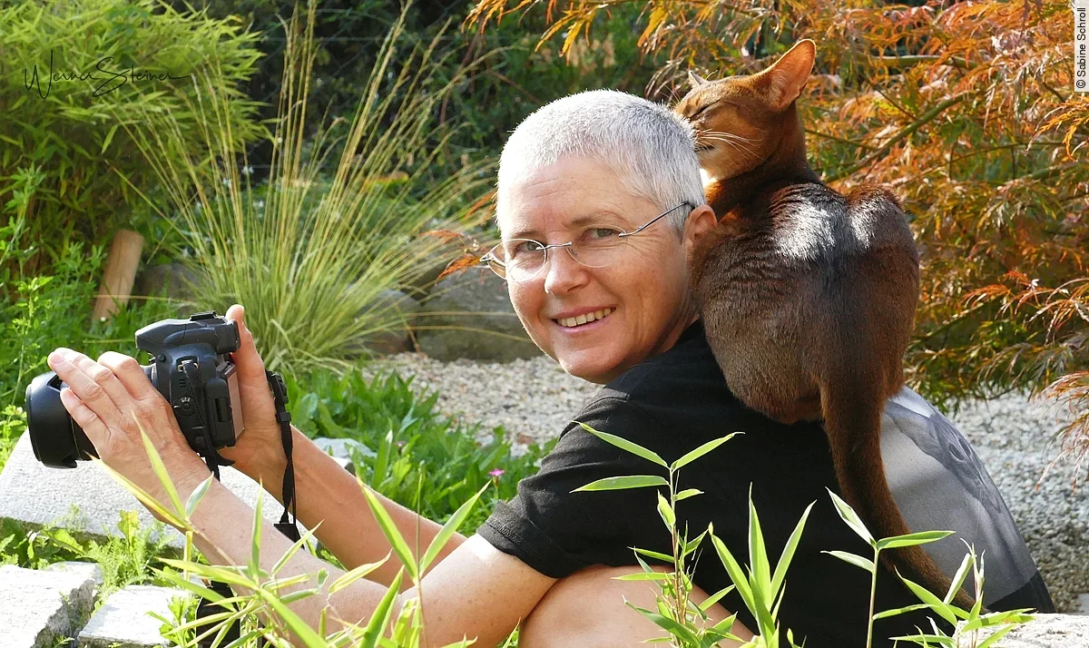 Sabine Schroll sitzt mit einer Kamera in der Hand und einer Katze auf der Schulter in der Natur.