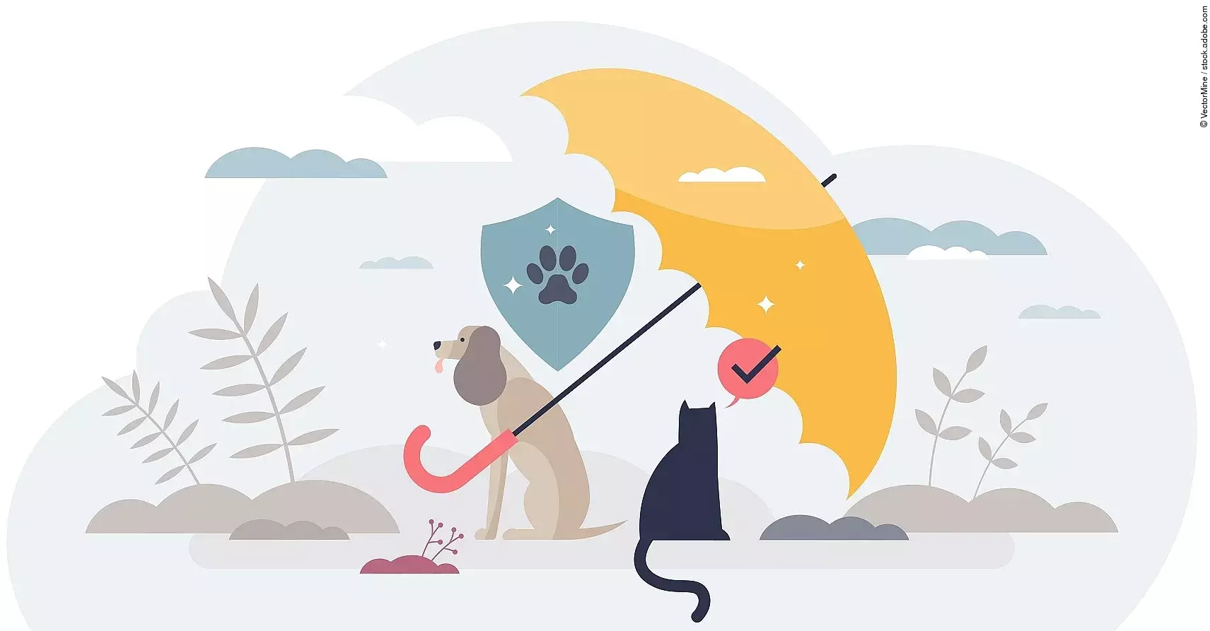 Grafik von einem braunen Hund und einer Katze mit schwarzem Fell. Beide Tiere sitzen unter einem gelben Regenschirm. Über dem Hund leuchtet ein blaues Schutzsymbol mit einer Pfote. Im Hintergrund sind Wolken und einzelne Pflanzensträucher.