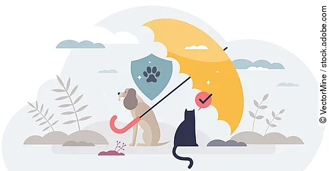Grafik von einem braunen Hund und einer Katze mit schwarzem Fell. Beide Tiere sitzen unter einem gelben Regenschirm. Über dem Hund leuchtet ein blaues Schutzsymbol mit einer Pfote. Im Hintergrund sind Wolken und einzelne Pflanzensträucher.