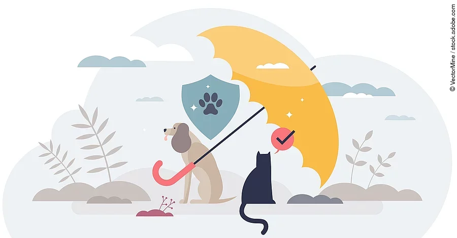 Grafik von einem braunen Hund und einer Katze mit schwarzem Fell. Beide Tiere sitzen unter einem gelben Regenschirm. Über dem Hund leuchtet ein blaues Schutzsymbol mit einer Pfote. Im Hintergrund sind Wolken und einzelne Pflanzensträucher.