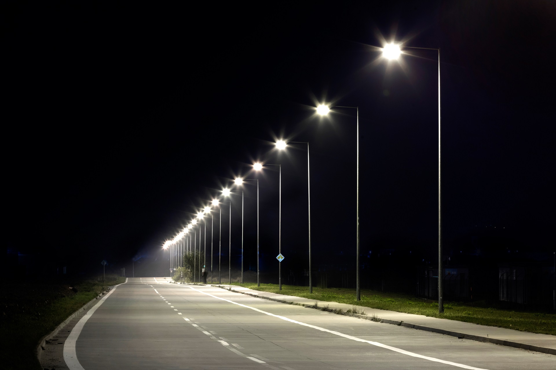 night empty road with modern LED street lights