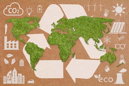 Green grass World Map , white recycling symbol and ecology icons