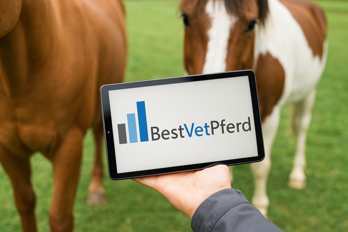 Tablet mit dem BestVETPferd-Logo und Pferden im Hintergrund. Eine Person hält das Tablet in der Hand. Insgesamt stehen zwei Pferde im Hintergrund, dabei handelt es sich um einen Fuchs und einen Schecken.