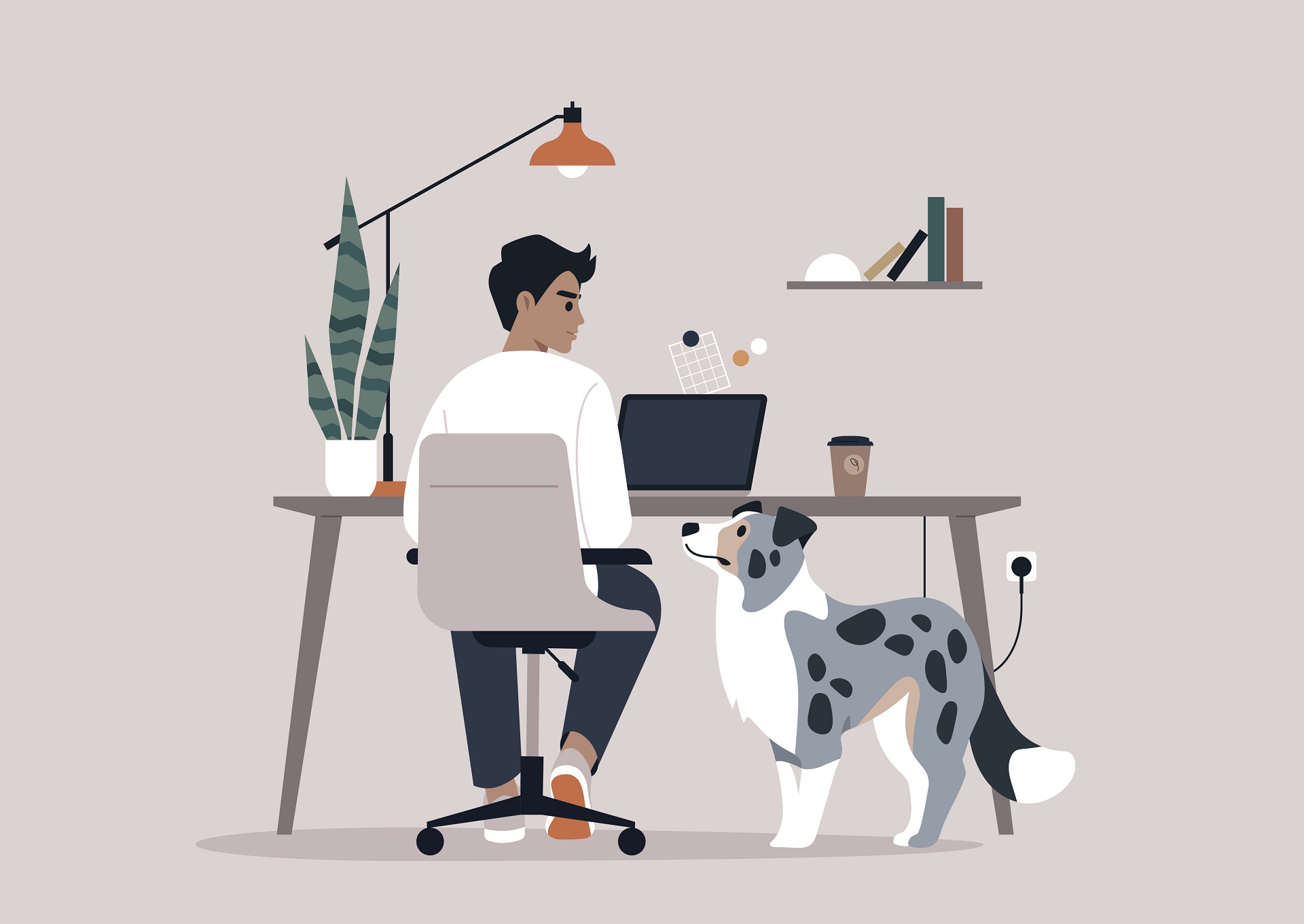 Ein Mann sitzt an einem Schreibtisch. Neben dem Mann steht ein Hund und schaut zu der Person hinauf. Der Hund ist ein Border Collie. Das Bild ist gezeichnet. 