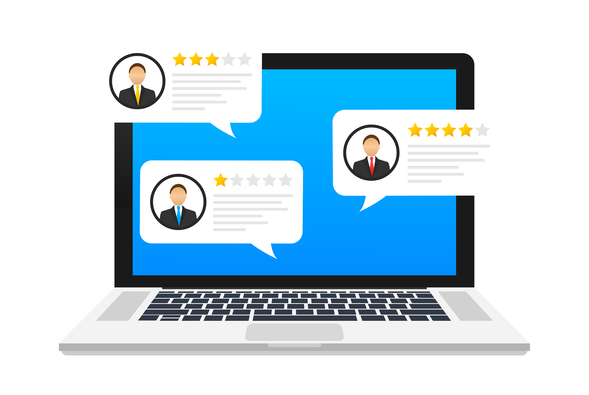 Vor einem Laptop sind Symbole für anonyme Bewertungen.