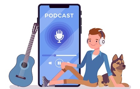 Young man enjoys listening to podcasts on smartphone