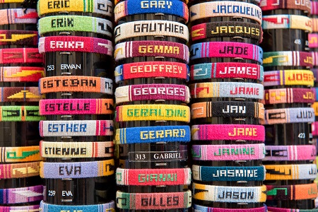 Colourful bracelets with French names