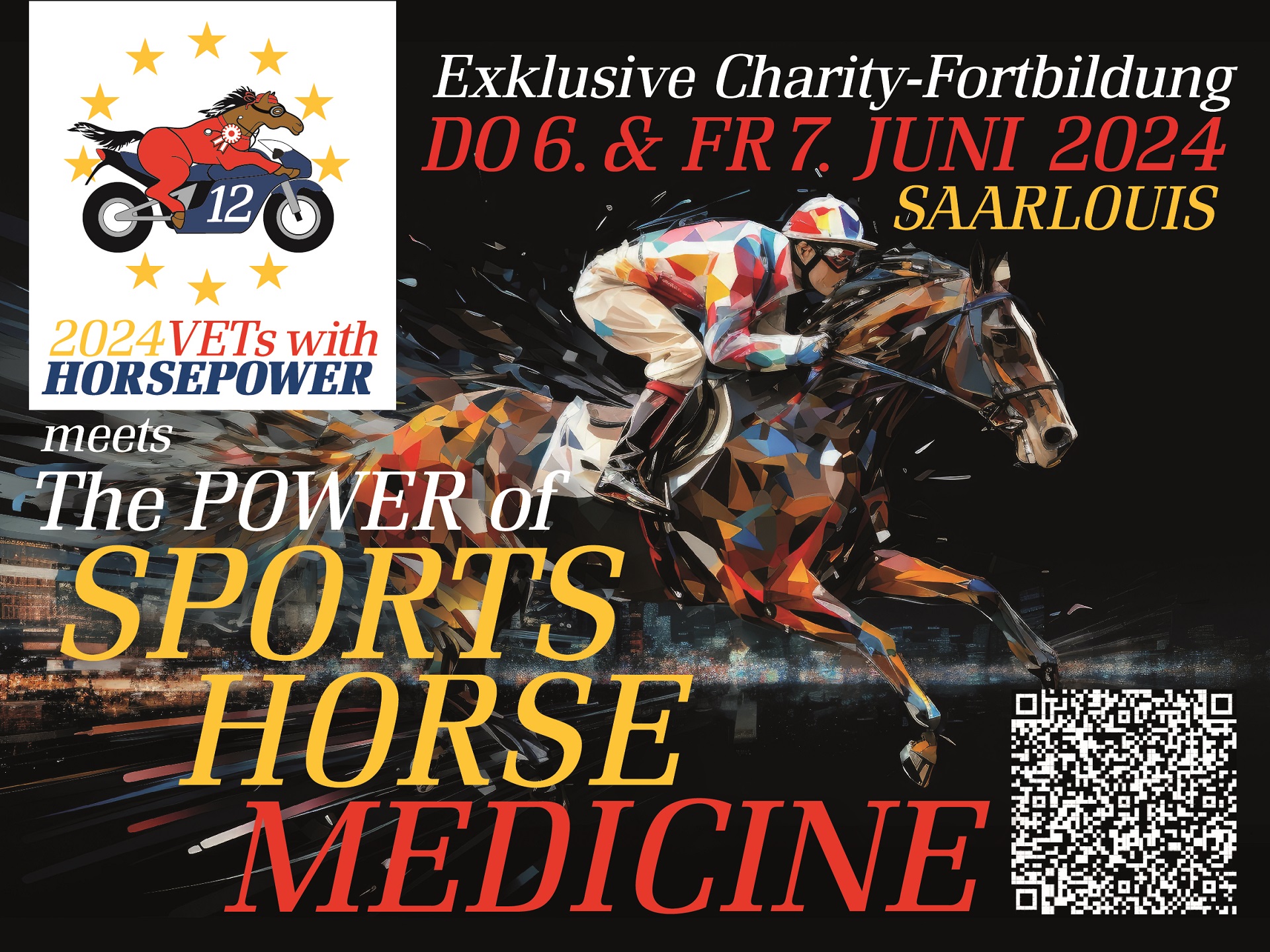 Ein Banner mit einem galoppierenden Rennpferd mit Reiter. 